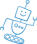 Smiling blue robot waving on black background.