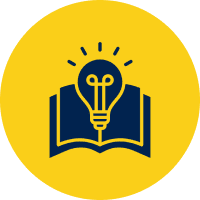 Light bulb and book in yellow circle.
