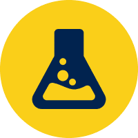 Yellow circle with blue chemistry flask icon.